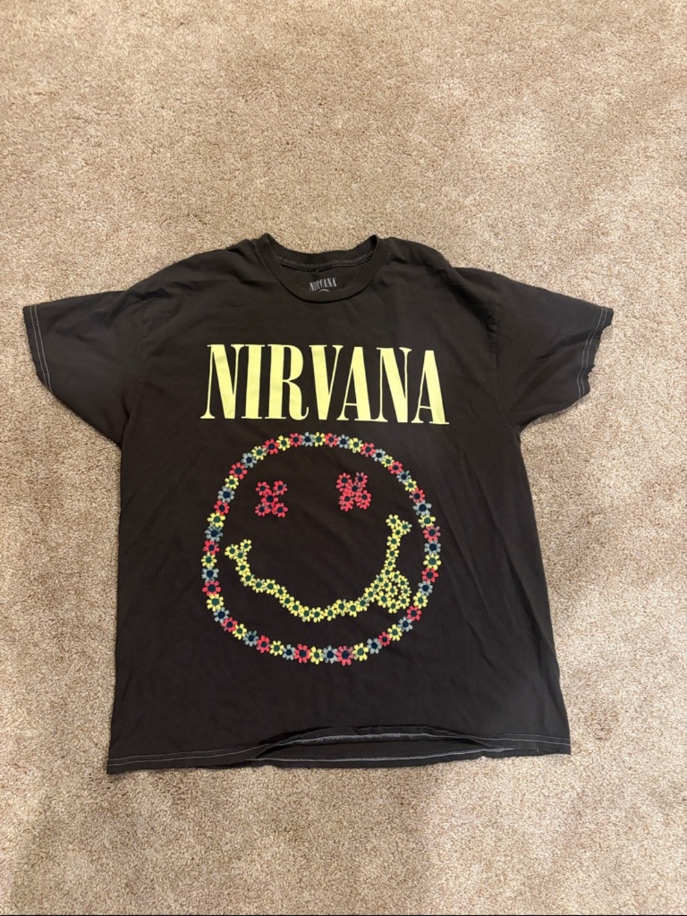 NIRVANA Black Tee with Yellow Logo and Floral Smiley